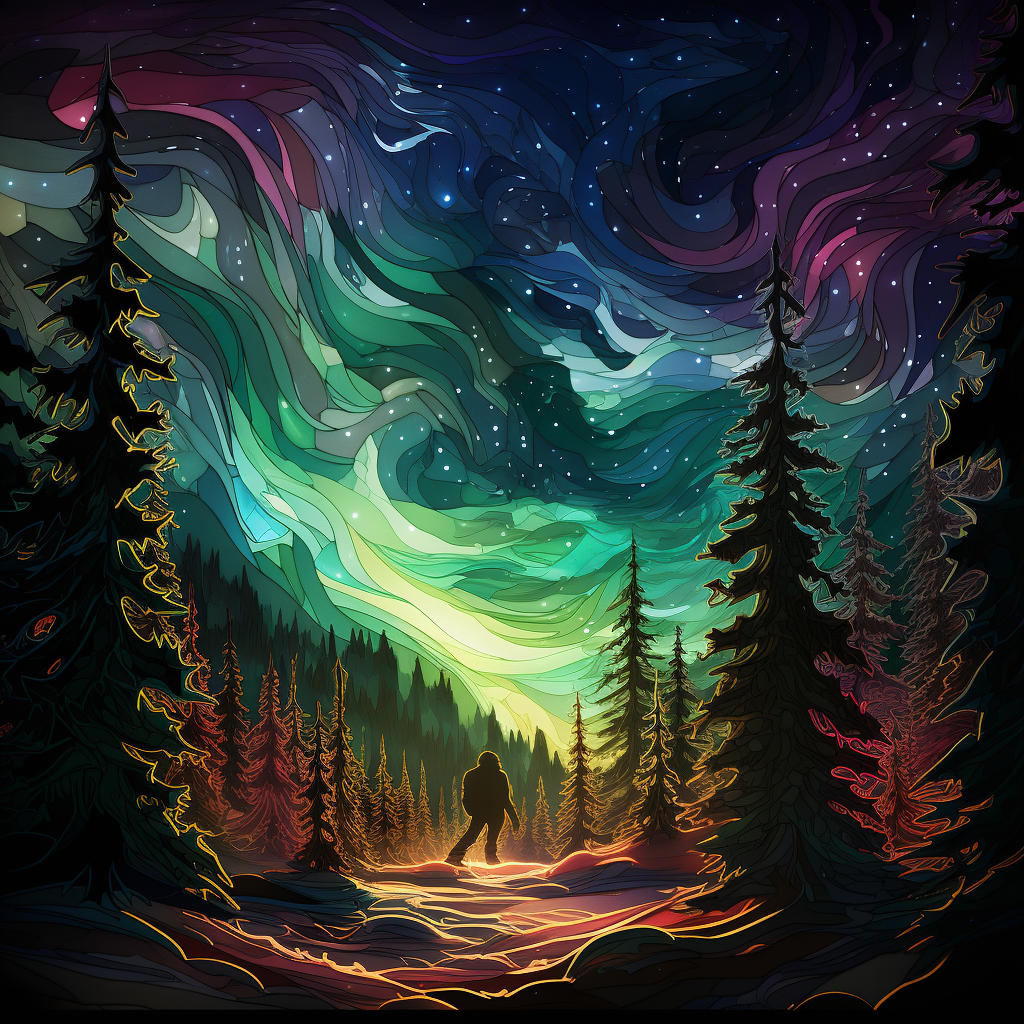 Bigfoot Sasquatch Forest Northern Lights Starry Sky