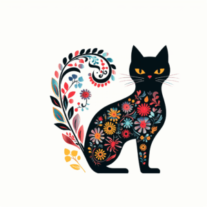 Black Cat Floral Boho Vintage Flowers