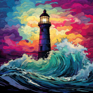 Colorful Lighthouse with Crashing Waves