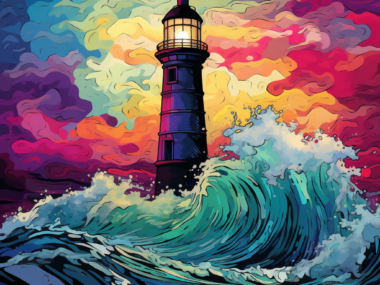 Colorful Lighthouse with Crashing Waves