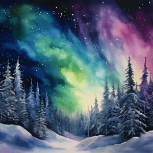 Aurora Northern Lights Winter Stars Watercolor