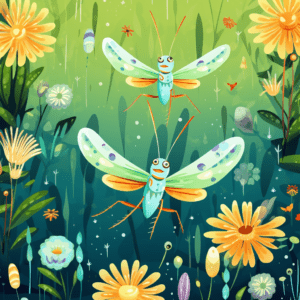 Colorful Cute Flying Grasshoppers with Yellow Flowers