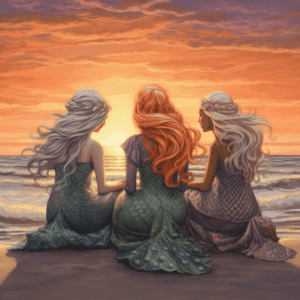 Three Mermaid Friends at Sunset
