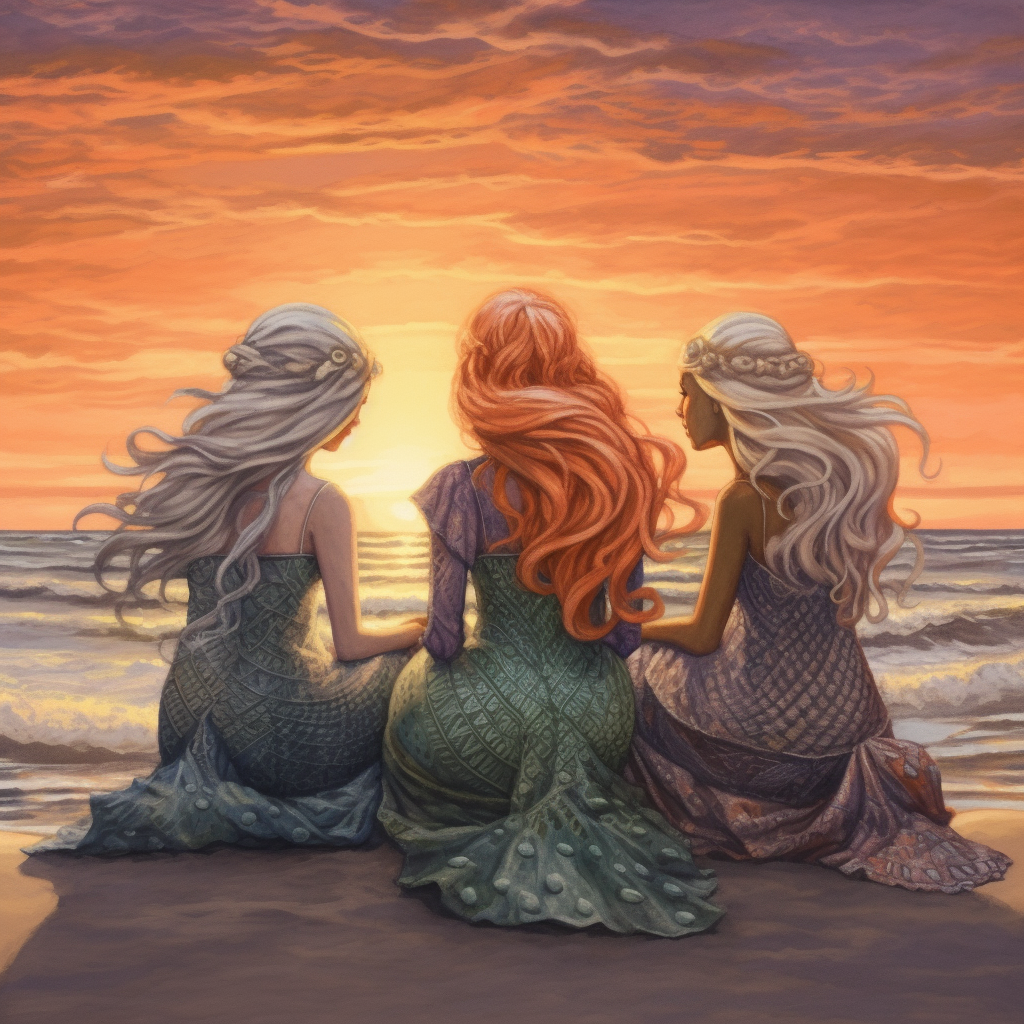 Three Mermaid Friends at Sunset Galt Ocean Designs