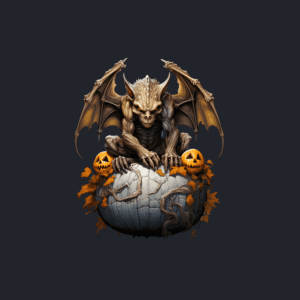 Spooky Gargoyle with Halloween Pumpkins