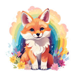 Cute Fox Retro Rainbow Flowers Happy