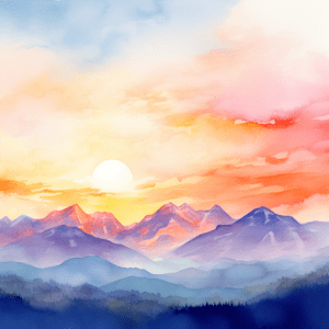Sunset Mountain Nature Scene Watercolor