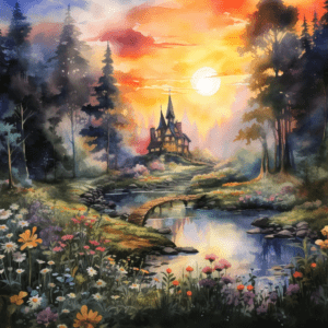 Sunset Fairy Woodland Watercolor Scene with Flowers Design