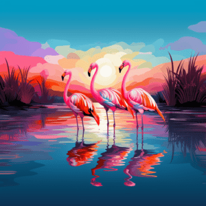 Flamingo Family Colorful Sunset