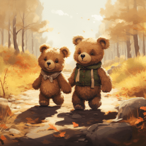 "Teddy Bears Walking in Autumn Forest Holding Hands" by Autumn Florals captures companionship's joy and fall's magic. Adorable bears amid colorful leaves evoke love and warmth. Rich autumnal hues and nostalgia suit teddy bear enthusiasts, fall admirers, and those appreciating sentiment. Celebrate the comfort of friendship and childhood memories. Teddy Bears Walking in Autumn Forest Holding Hands