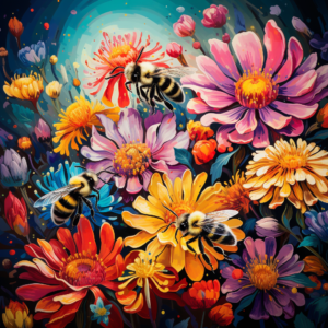 Whimsical Bumble Bees on Vivid Colorful Flowers