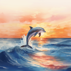 Dolphin Jumping | Sunset Over Ocean | Watercolor Art