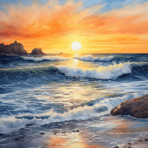 Seaside Sunset Crashing Ocean Waves Watercolor