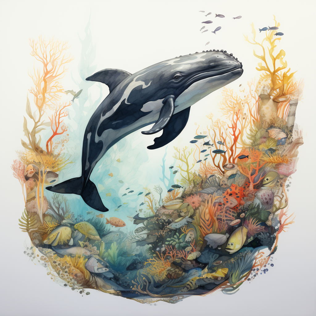 Whimsical Whale Coral Sea Life Watercolor