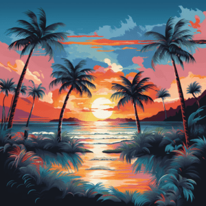 Beach at Sunset Ocean Whimsical Palm Trees Design