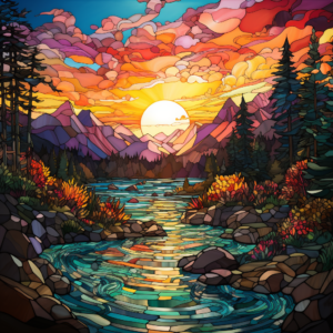 Sunset Stained Glass Mosaic Landscape Scene