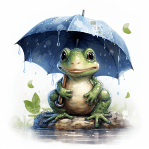 Cute Green Frog with Umbrella in the Rain