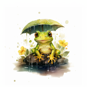 Smiling Frog in Rain with Umbrella Watercolor