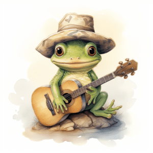 Cute Little Green Frog Playing Guitar