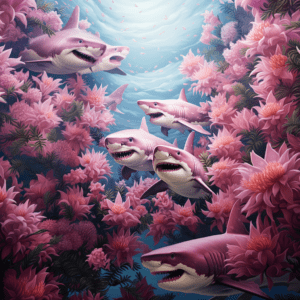 Happy Pink Sharks Underwater Floral Ocean
