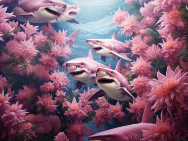 Happy Pink Sharks Underwater Floral Ocean