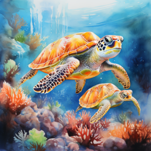 Mom and Baby Sea Turtle Swimming in Coral Watercolor