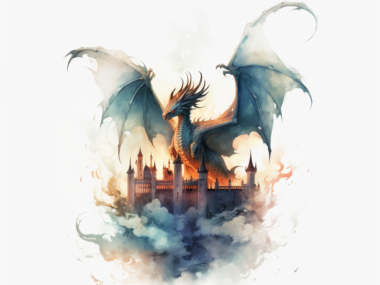 Dragon Towering Over Castle Watercolor Art
