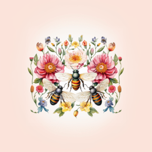 Bees Vintage Floral Botanical Flower Design