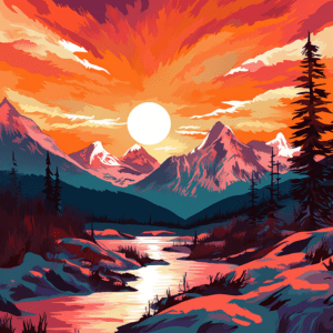 Colorful Sunset Mountains Retro Vibes Digital Art