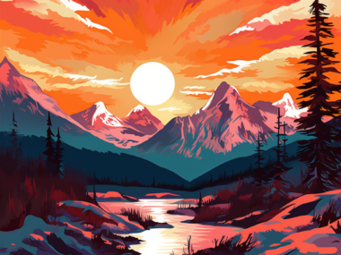 Colorful Sunset Mountains Retro Vibes Digital Art