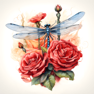 Dragonfly with Red Roses Watercolor Vintage Style Large