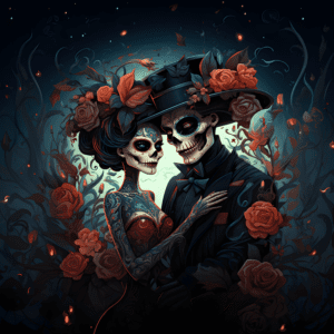 Goth Couple Day of the Dead Sugar Skulls Red Roses