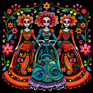 Day of the Dead Sugar Skull Skeletons Three Women Mexican Festival