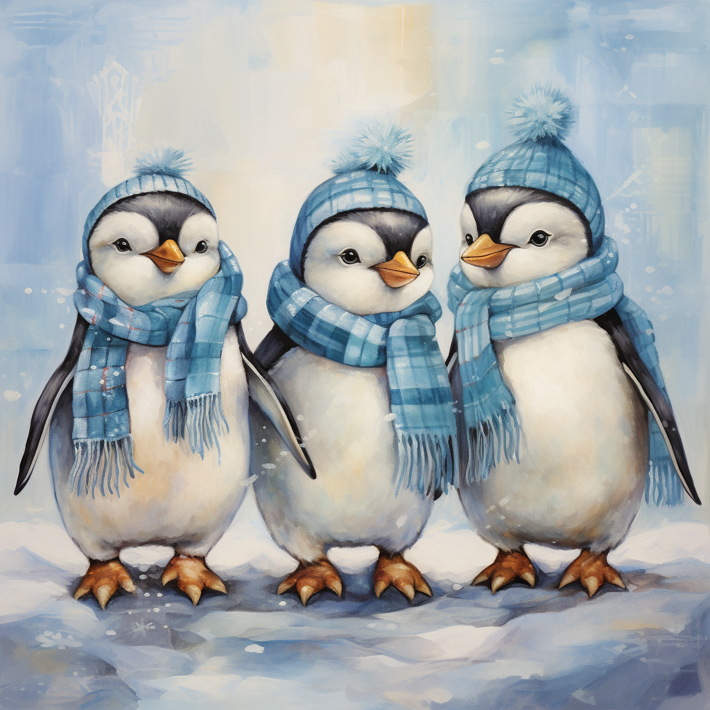 Adorable Penguins Wearing Winter Hats & Scarves