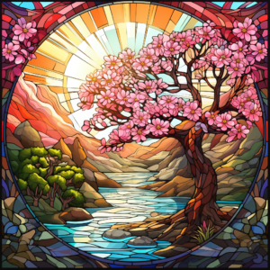Japanese Cherry Blossom Tree Stained Glass Mosaic Style