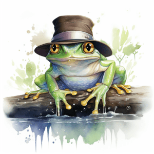 Handsome Green Frog Wearing a Hat Watercolor