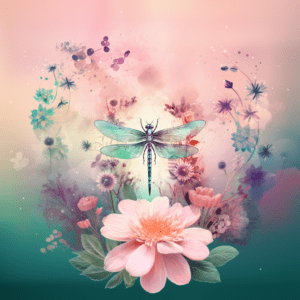Green Dragonfly Floral Pastel Pink Flowers Watercolor