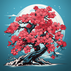 Vivid Cherry Blossom Tree & Moon Illustration