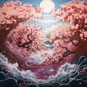 Pink Cherry Blossoms Sakura Trees Whimsical Scene