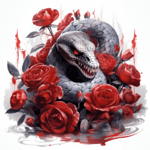 Snake Crawling Around Dripping Red Roses