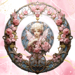 Cherub Pink Flowers Roses Stained Glass Mosaic Style