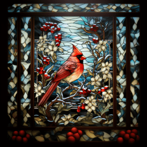 Cardinal on a Branch Berries Stained Glass Mosaic Style