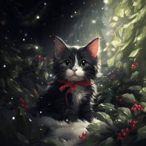 Christmas Kitten Holiday Cat Ribbon Holly Lights