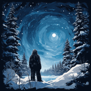 Bigfoot Yeti Sasquatch Winter Gazing at Stars Night Sky