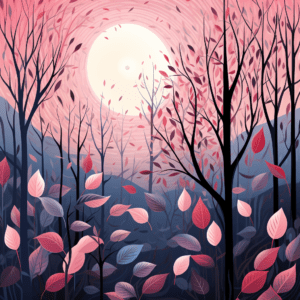 Winter Forest Leaves Nature Pink Blue Abstract Art