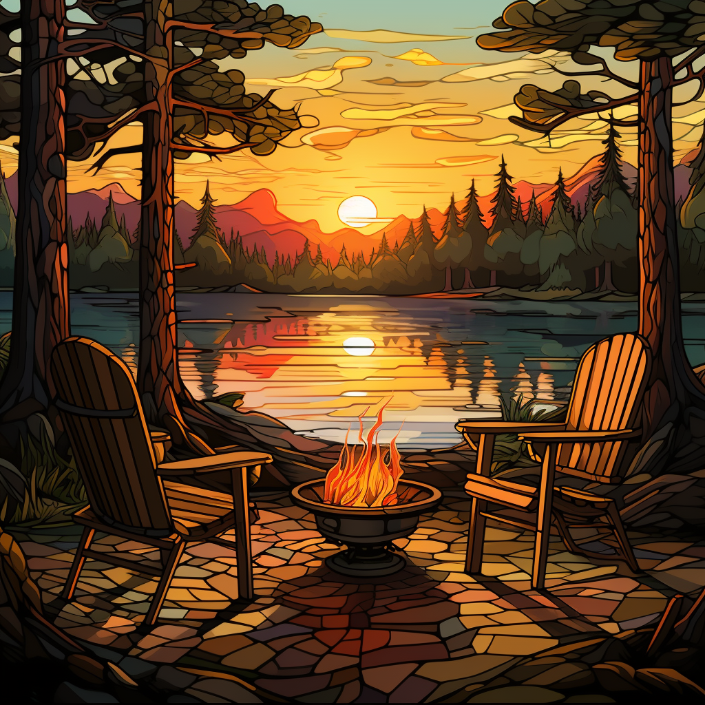 Sunset by Lake Cozy Campfire Mosaic Style