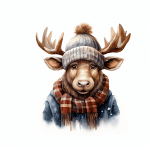 Cute Moose with Winter Hat & Scarf
