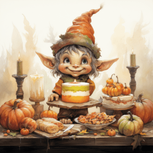 Cute Thanksgiving Elf Feasting on Cakes & Pumpkin