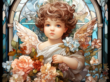 Little Cherub Floral Mosaic Stained Glass Style