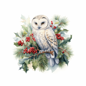 Snowy Owl in Pine Tree with Boughs of Holly